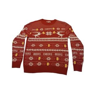 Christmas Sweater Red White Knitted Cheers Beers Reindeer